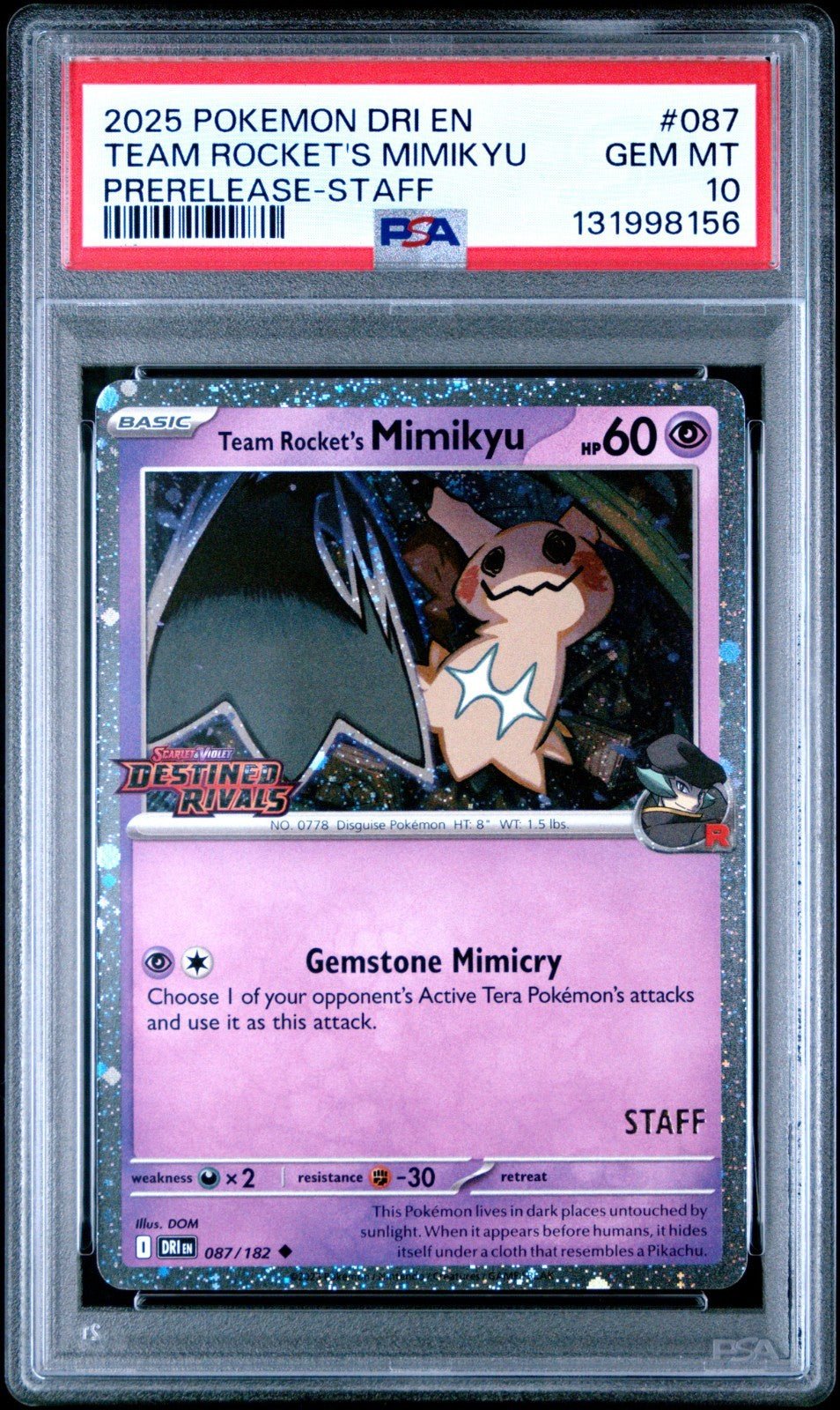 TEAM ROCKET'S MIMIKYU Destined Rivals Prerelease Staff Promo 087/182 HOLO PSA 10