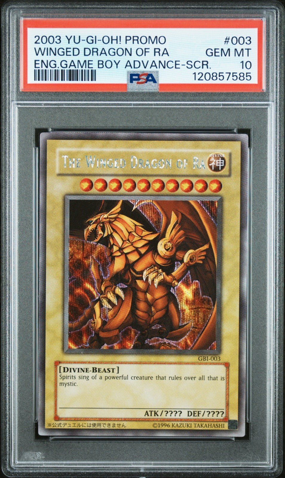 The Winged Dragon of Ra PSA 10 Secret Rare English GBI 003 YuGiOh