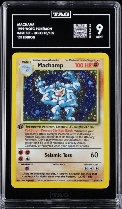 Wizards of the Coast 1999 Pokemon Base Set Machamp 8/102 Holo TAG 9 SWIRL