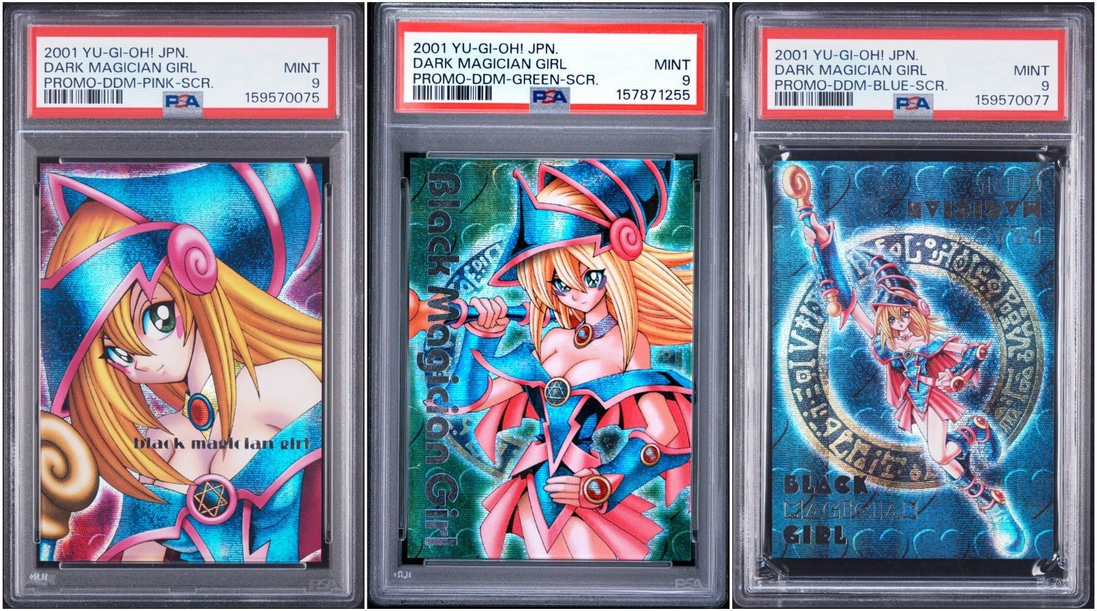 Yu-Gi-Oh Dark Magician Girl DDM Secret Set Blue Pink Green Promo 2001 PSA 9 Set